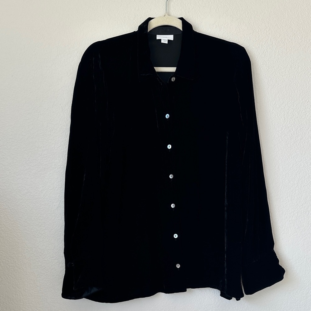 J Jill Black Velvet Silk Blend Shirt Petite Large LP Long Sleeve Blouse